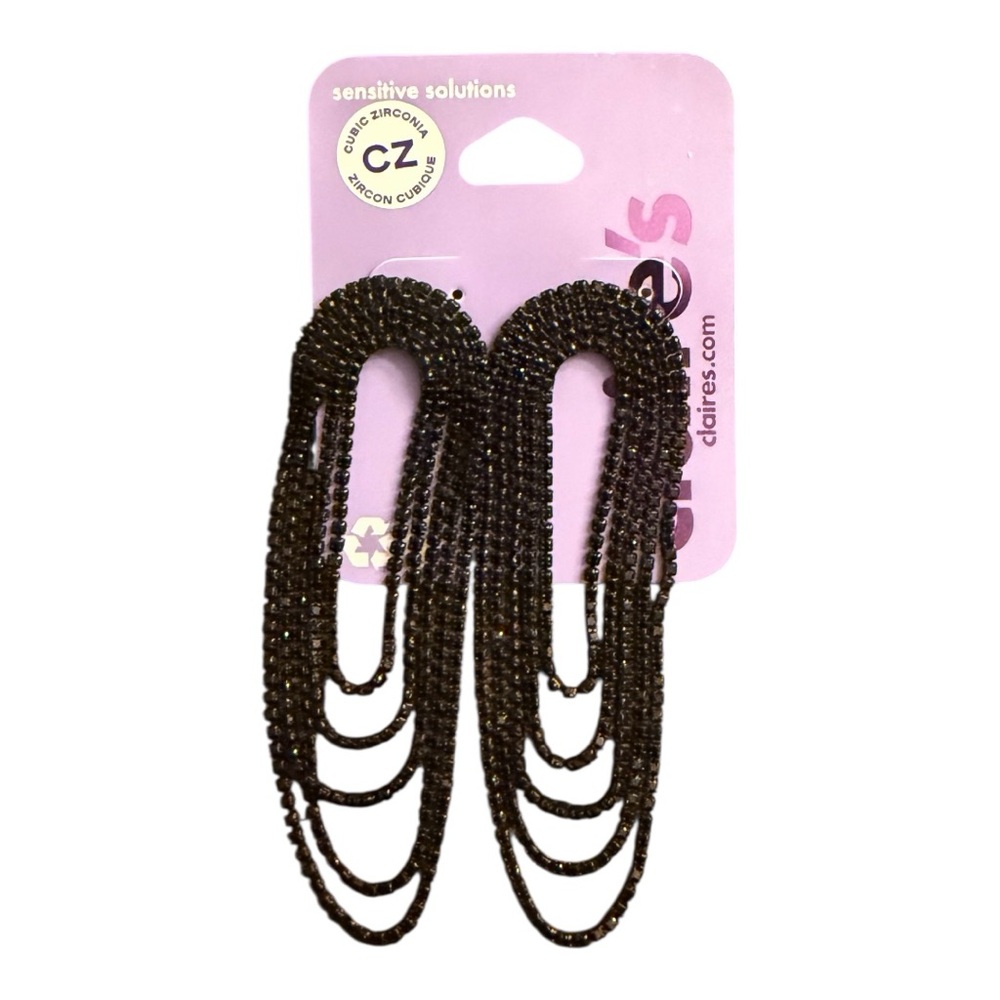Claire’s Black Multi-Strand Chain Drop Earrings – Sensitive Solutions CZ – NEW